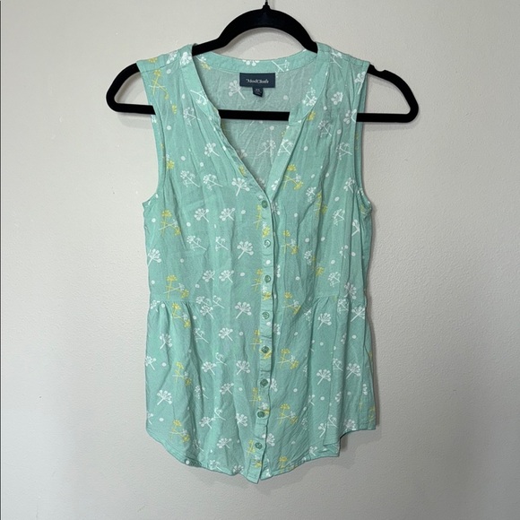 Modcloth Tops - ModCloth Retro Sleeveless Mint Green Tank Floral Button Up Dandelions XS